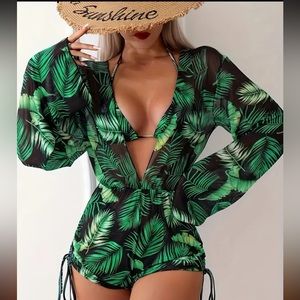 ‼️final price sexy safari leaves print 2 piece bikini swimsuit & cover up romper